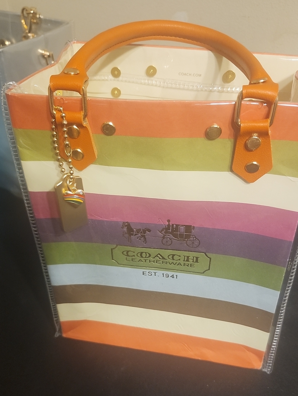 Coach Striped Paper Shopping Bag Covered In PVC Plastic With Purse Charm - Picture 2 of 4